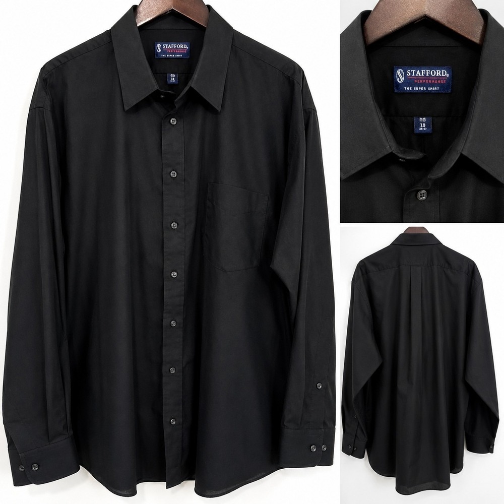 Stafford Performance The Super Shirt Men's Black Dress Shirt Size 19 36/37 Long
